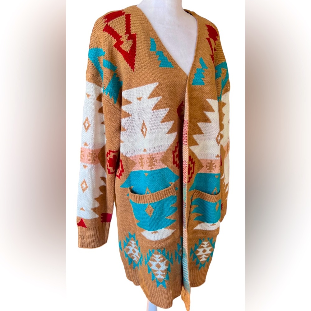 Blue Buttercup Women's M Aztec Western Knit Stretchy Open Front Cardigan Sweater